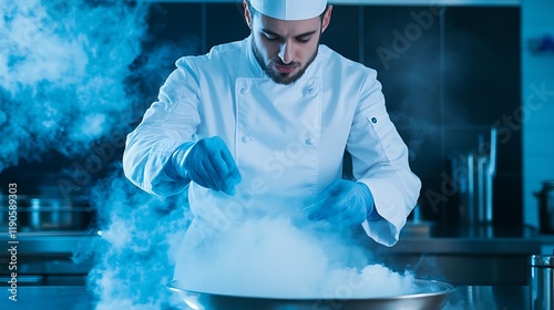 Chef skillfully prepares a dish with smoke in a modern kitchen, showcasing culinary artistry