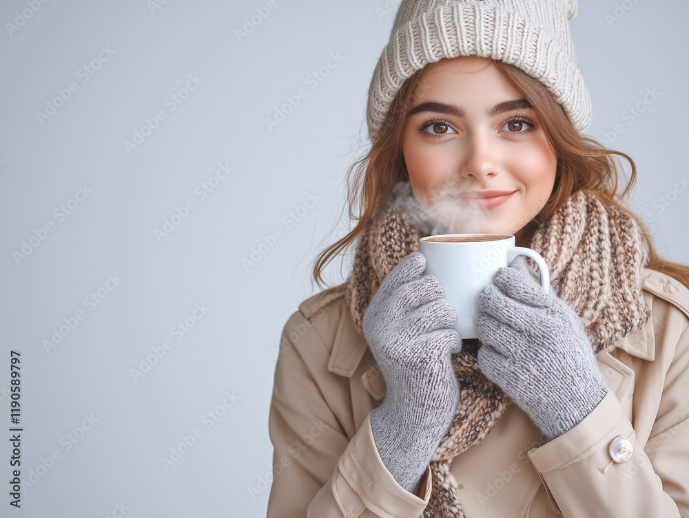 Cozy Winter Moment: Woman in Knitted Hat and Scarf Enjoying a Warm Cup of Coffee Cozy Winter Moment: Woman in Knitted Hat and Scarf Enjoying a Warm Cup of Coffee