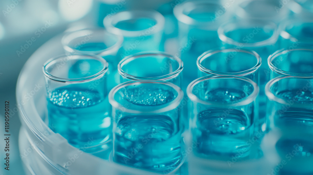 Blue liquid samples are stored in test tubes arranged in a laboratory setting with a sterile environment Blue liquid samples are stored in test tubes arranged in a laboratory setting with a sterile environment
