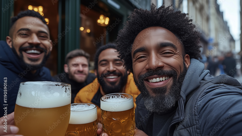 diverse group of friends drinking beer in a pub outdoors diverse group of friends drinking beer in a pub outdoors