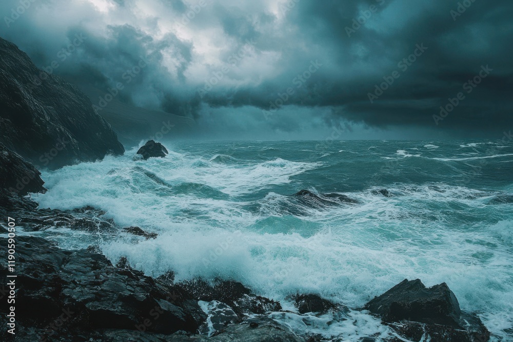 Obraz premium Resilient soldiers brave a wild shoreline under dramatic clouds, seeking solace amid crashing waves and a stormy backdrop