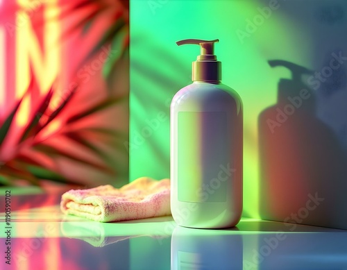 White Pump Bottle Lotion Product Mockup with Tropical Vibe photo