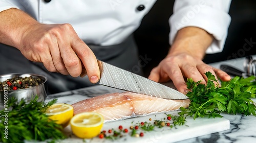 Chef skillfully slicing fresh salmon fillet with herbs and lemon on marble countertop photo