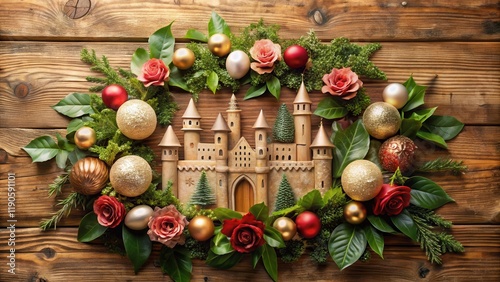 Ein weihnachtliches Holzdekorationsschloss mit Rosenbl?ttern und Eiern, holiday, Christmas wooden decoration castle photo