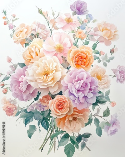 A creative watercolor floral arrangement featuring roses and peonies in pastel tones