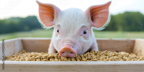 Piglet eats feed from a wooden trough, subsistence farming, pig farming, pork meat industry, pig sty