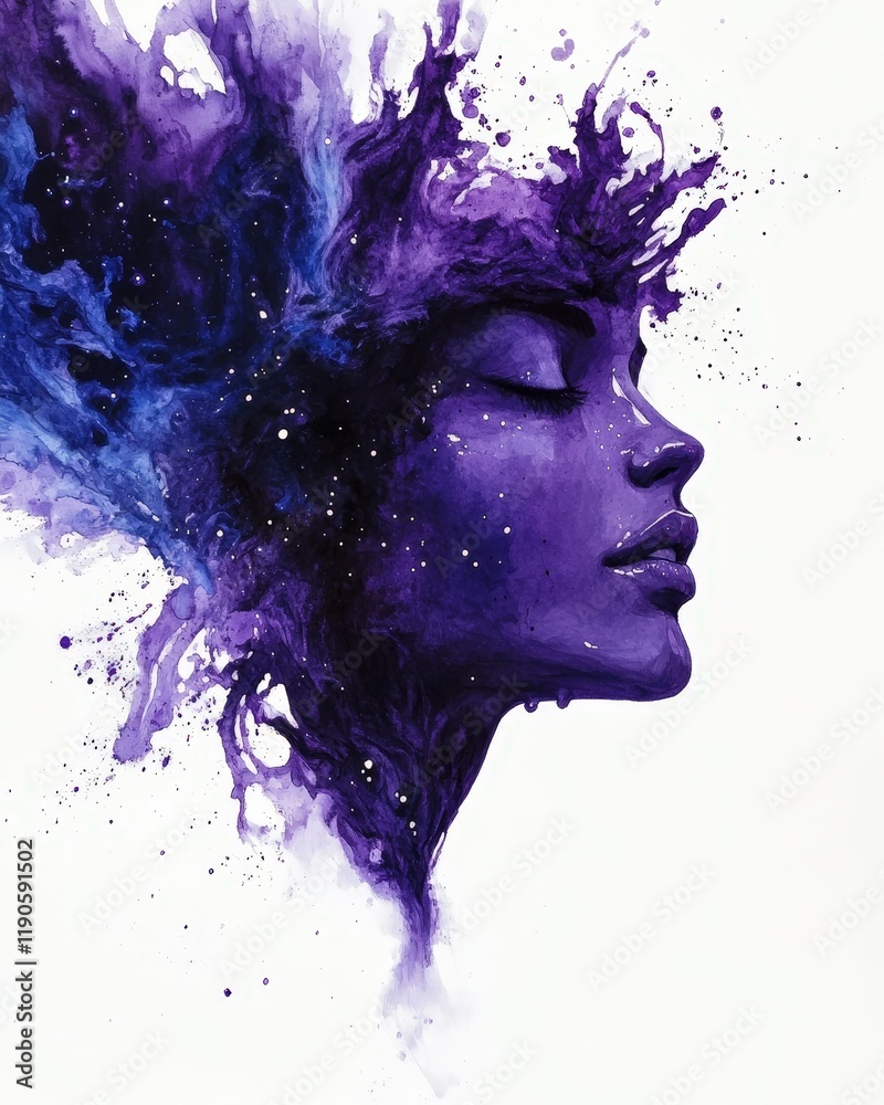 Fototapeta premium A creative watercolor galaxy scene with deep purples, blues, and white star splatters