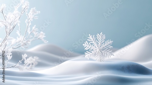 Serene winter scene with a single snowflake resting on a soft blue gradient background surrounded by delicate frost patterns representing winters celebration
