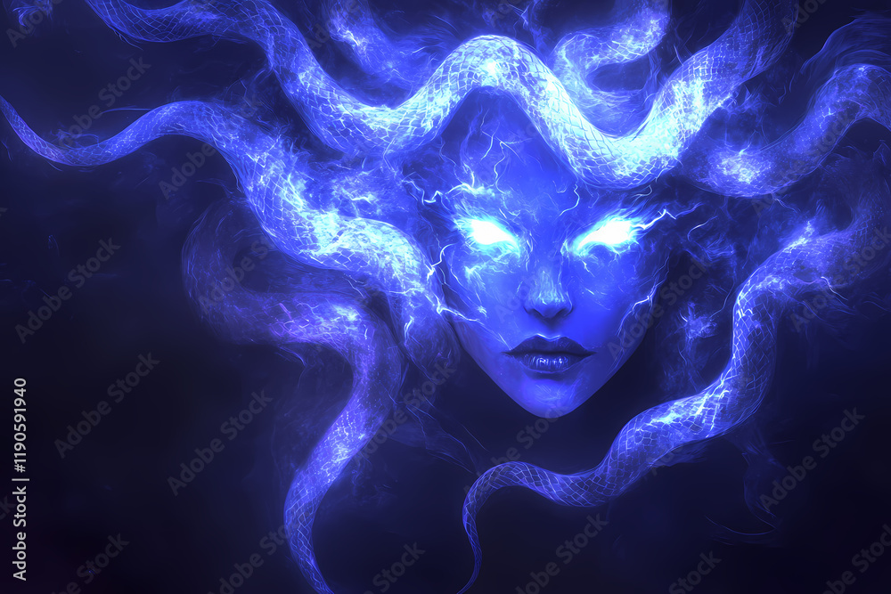 Fototapeta premium A glowing robotic Medusa with neon snakes for hair, symbolizing mystery and danger