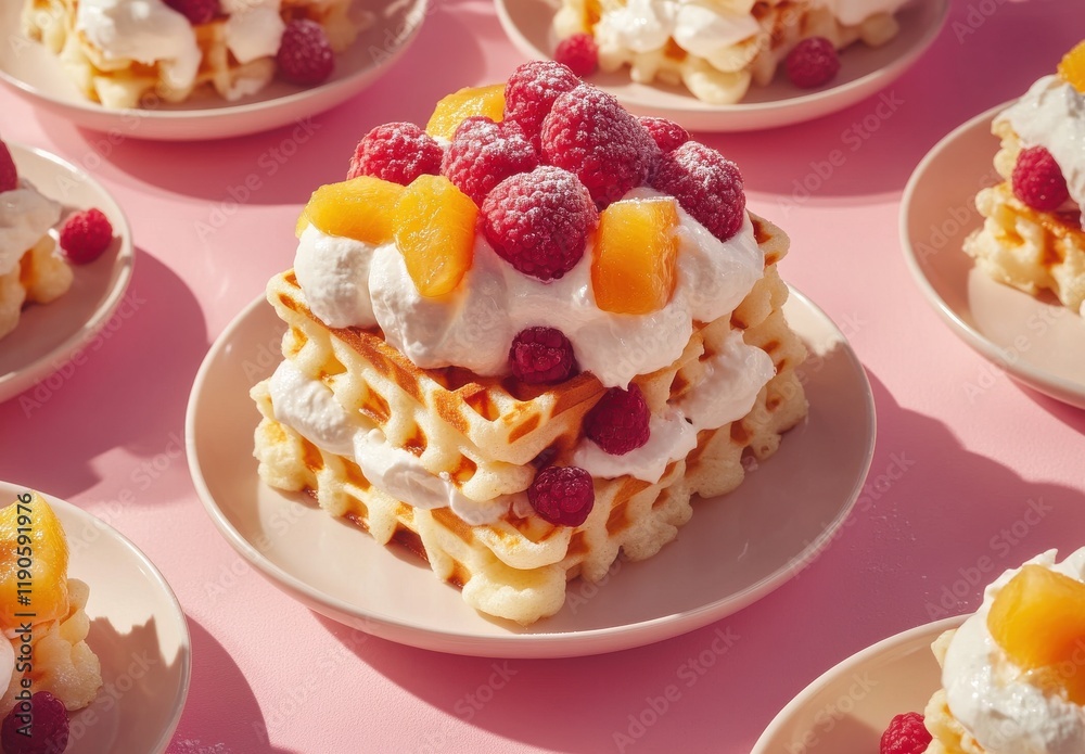 Deliciously Layered Waffles Topped with Fresh Raspberries and Soft Peaches Surrounded by Whipped Cream on a Playful Pink Background Deliciously Layered Waffles Topped with Fresh Raspberries and Soft Peaches Surrounded by Whipped Cream on a Playful Pink Background