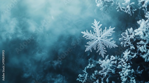 Serene winter scene with a single snowflake resting on a soft blue gradient background surrounded by delicate frost patterns representing winters celebration