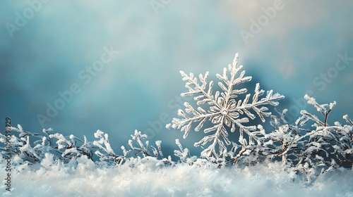 Serene winter scene with a single snowflake resting on a soft blue gradient background surrounded by delicate frost patterns representing winters celebration