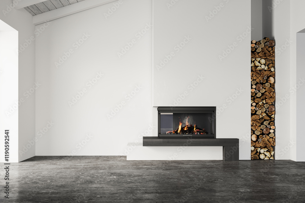 Fototapeta premium Empty Scandinavian-style room with modern fireplace, stacked firewood, concrete floor, and ocean-view window. Minimalist and natural design. 3D rendering.