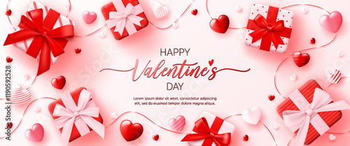 3D Valentine's day banner top view white background. Happy valentine greeting card with pink gift box, red heart love wallpaper, romantic promotion sale template, social media online post, web. Vector