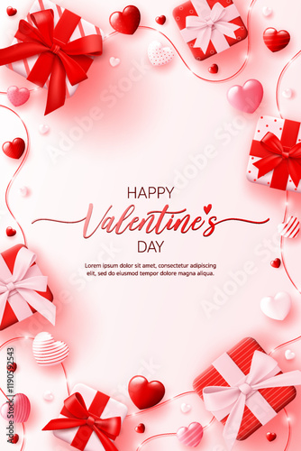3D Valentine's day banner top view white background. Happy valentine greeting card with pink gift box, red heart love wallpaper, romantic promotion sale template, social media online post, web. Vector