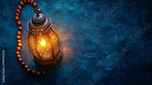 Simple arrangement of prayer beads and a glowing lantern placed on a deep blue textured background symbolizing spiritual essence of Eid celebration
