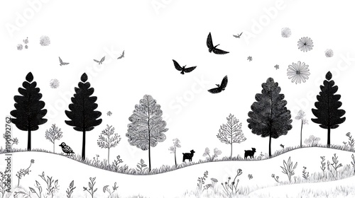 Simple black and white forest scene with trees birds and animals designed for kids to color with a soft background that allows the lines to stand out