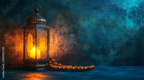 Simple arrangement of prayer beads and a glowing lantern placed on a deep blue textured background symbolizing spiritual essence of Eid celebration