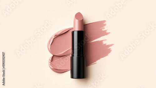 a product of decorative cosmetics - lipstick. The lipstick lies next to a paper insert with its imprint, which shows its consistency and texture.