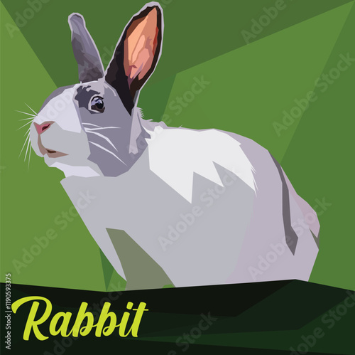 Vector graphic gray cute rabbit. Engraving of a wild forest hare in a forest grassy green meadow. White isolated background.