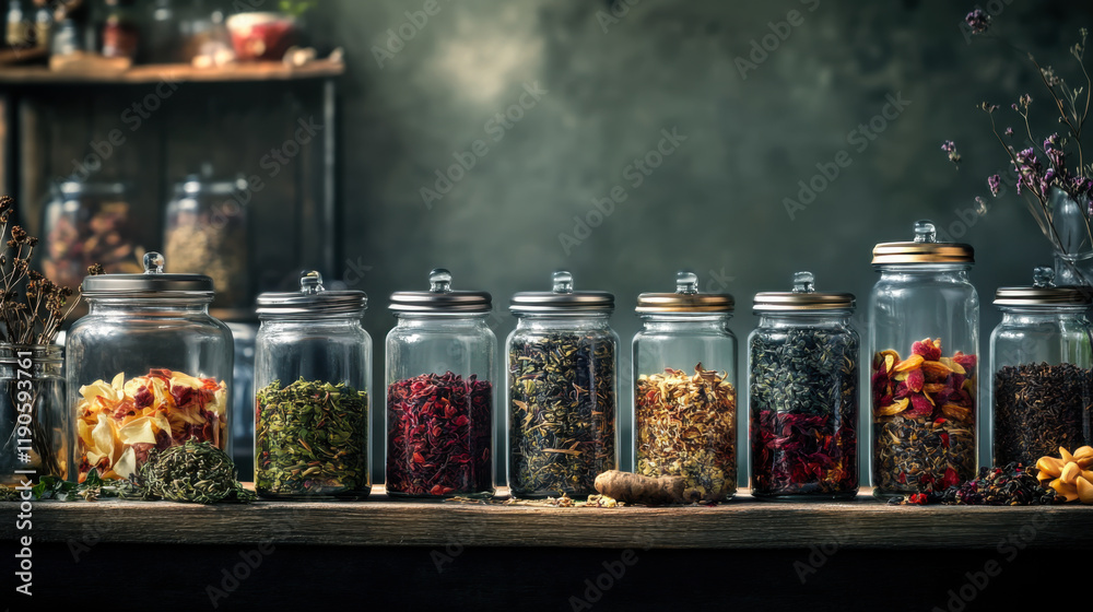 Various jars filled with colorful herbs and spices arranged on a rustic wooden shelf in a cozy kitchen setting
