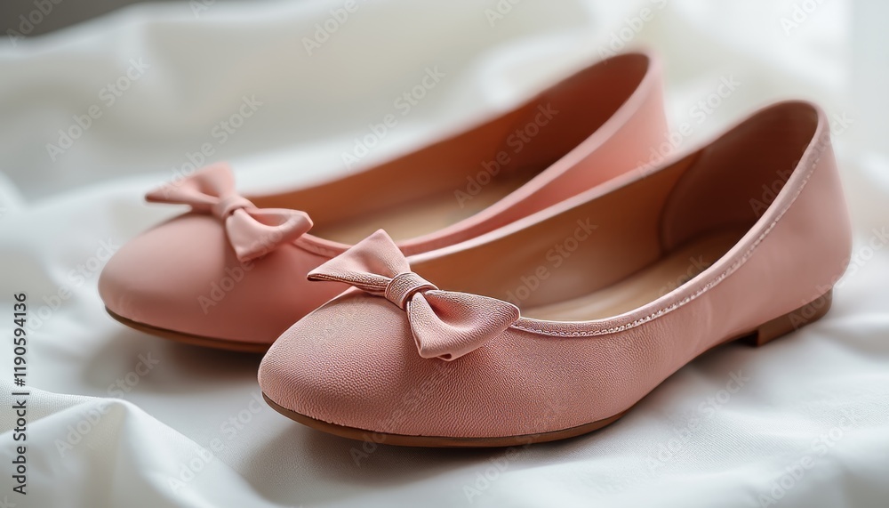 Pink ballet flats with bow detail on white fabric Pink ballet flats with bow detail on white fabric