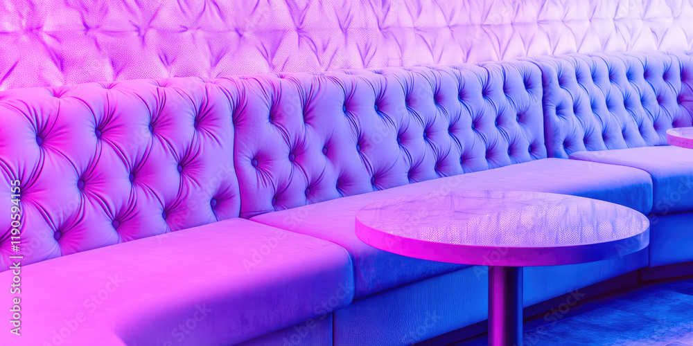 Obraz premium VIP zone in the empty interior of a nightclub. Soft sofa and table in neon glow, elite nightclub
