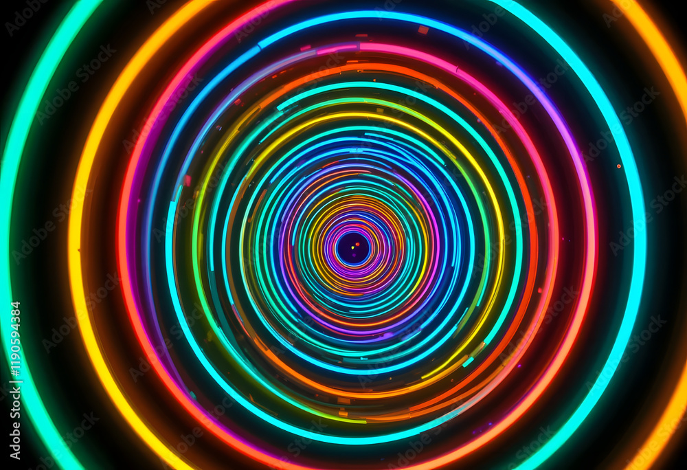 Vibrant, concentric neon rings glow in the dark, creating a mesmerizing circular light display. The multicolored circles radiate energy and form a hypnotic pattern. Vibrant, concentric neon rings glow in the dark, creating a mesmerizing circular light display. The multicolored circles radiate energy and form a hypnotic pattern.
