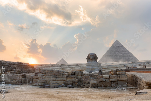 The Great Sphinx by the Pyramids of Egypt, sunset view, Giza