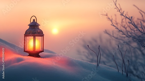 Simple winterthemed composition with snowcovered hills and a warm glowing lantern in the foreground on a soft gray gradient background