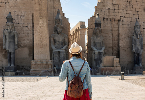 A blonde woman with a straw hat looks at the entrance to the Luxor Temple in Luxor, Egypt photo