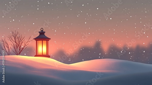 Simple winterthemed composition with snowcovered hills and a warm glowing lantern in the foreground on a soft gray gradient background