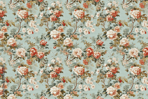 Floral Toile tapestry pattern. Vintage Japanese botanical wallpaper pattern. Background image. Created with Generative AI technology