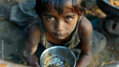 Poverty and hunger: a striking portrayal of a child struggle, harsh reality of economic hardship, global crisis of food insecurity and urgent need to end childhood deprivation worldwide.