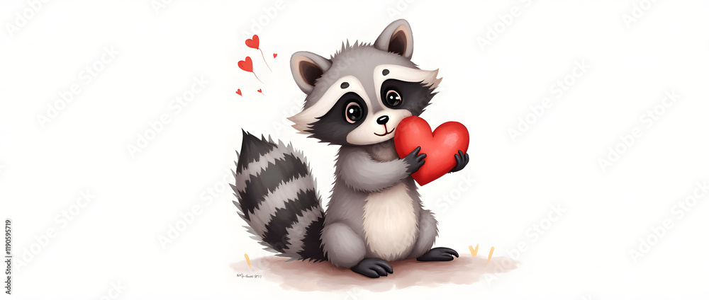 Naklejka premium A watercolor painting portraying an elegant raccoon with soft, fluffy fur, gently holding a pink heart with curiosity.