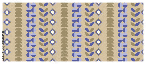 Ethnic Beige and Blue Seamless Pattern with Leaf Motifs - Rustic Digital Background.