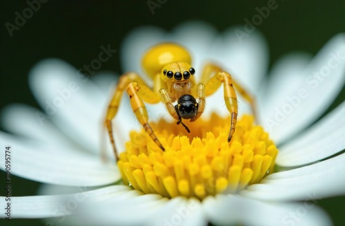 Successful close-up hunting. A yellow crab spider sits on a white daisy, catching a bee with its paws. Thomisus onustus photo