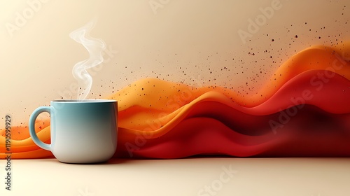 Stylized coffee mug with steam rising on a warm beige background accompanied by abstract geometric elements for a cozy Father's Day celebration theme