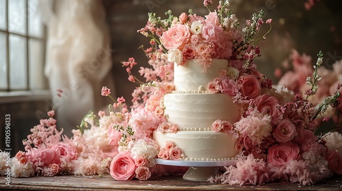 Stylized wedding cake with intricate floral detailing and a pastel gradient backdrop creating a dreamy and elegant wedding theme