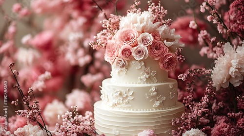 Stylized wedding cake with intricate floral detailing and a pastel gradient backdrop creating a dreamy and elegant wedding theme