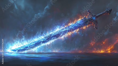 Thunderous sword crackling with lightning energy and emitting bright electric blue sparks resting on a minimal stormy gray background to highlight its danger and power