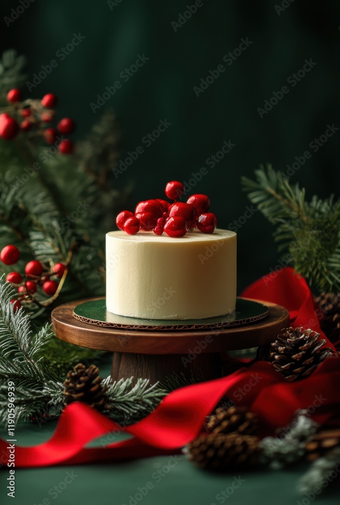 Elegant White Cake Topped with Red Berries Surrounded by Greenery and Festive Decorations for Winter Celebrations and Holiday Gatherings Elegant White Cake Topped with Red Berries Surrounded by Greenery and Festive Decorations for Winter Celebrations and Holiday Gatherings