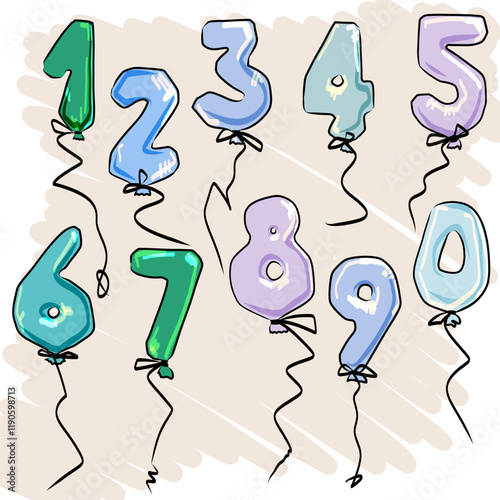  The numbers are in the form of balloons with a rope and in shades of blue and green. Vector illustration