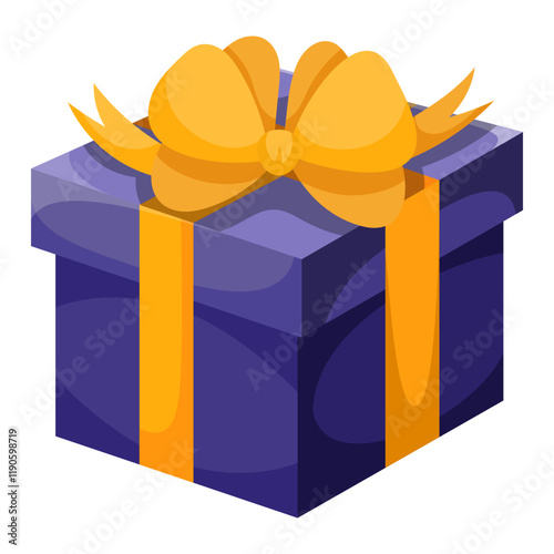 Dark blue gift box with yellow bow. Vector illustration of cartoon flat cute color present isolated on white background. Christmas or birthday present, anniversary or Valentine`s day gift box.