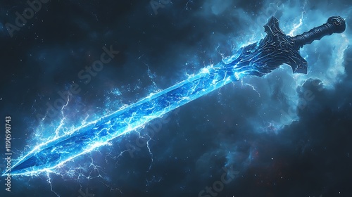 Thunderous sword crackling with lightning energy and emitting bright electric blue sparks resting on a minimal stormy gray background to highlight its danger and power