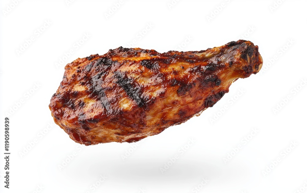 A charred barbecue chicken breast floating mid-air with a hint of sauce on a pristine white surface A charred barbecue chicken breast floating mid-air with a hint of sauce on a pristine white surface