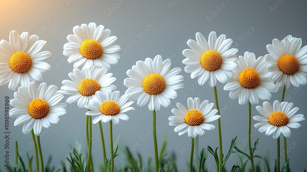 Obraz premium Chamomile flowers isolated against a light grey background, known for their medicinal properties