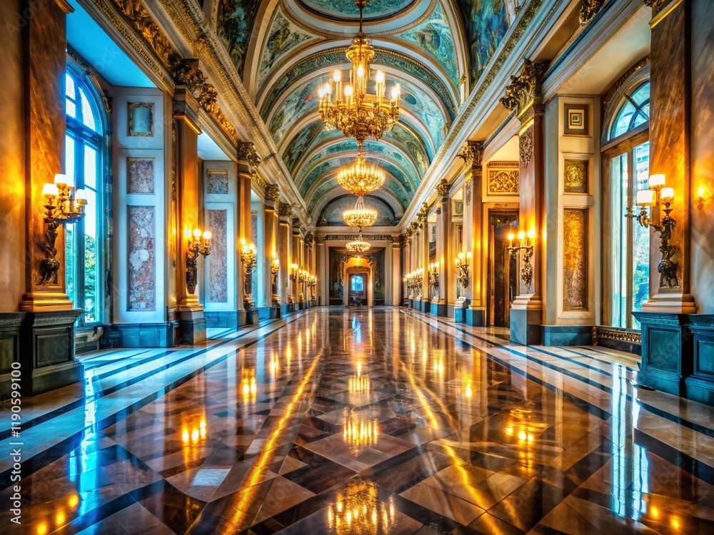 Grand Hallway with Reflective Marble Floor - Luxurious Interior Stock Photo
