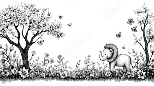 Whimsical black and white handdrawn jungle scene with animals like lions and elephants perfect for kids to color set against a simple blank background