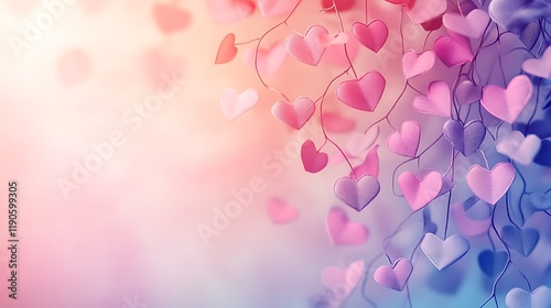 Whimsical valentines design with heartshaped vines intertwined across a soft pastel gradient background creating a romantic and elegant ambiance